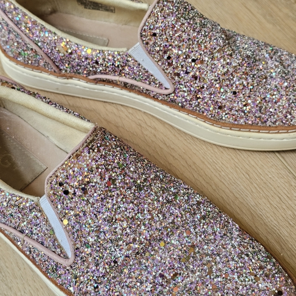 UGG Adley Pink Chunky Glitter Confetti Slip On Leather Shoes - Picture 2 of 10